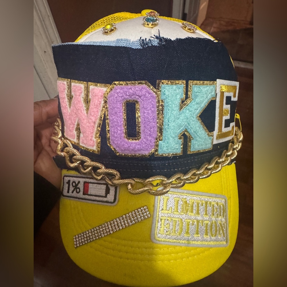 WOKE Embellished Yellow Patchwork Trucker Cap - bgorjus4u2 created💛🧡💙🔥